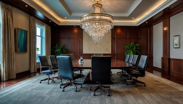 a conference room with a large chandelier and a large window