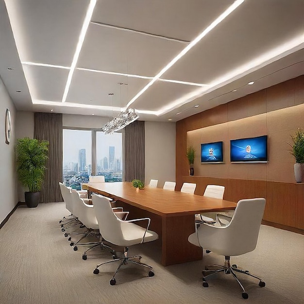 a conference room with a large conference table and chairs