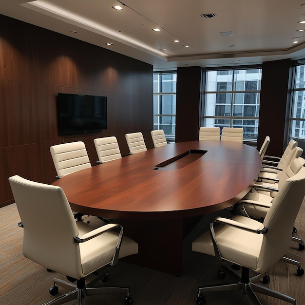 a conference room with a large conference table and chairs