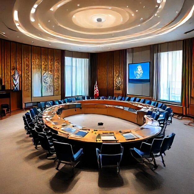 Photo a conference room with a large conference table and a large screen with a flag on it