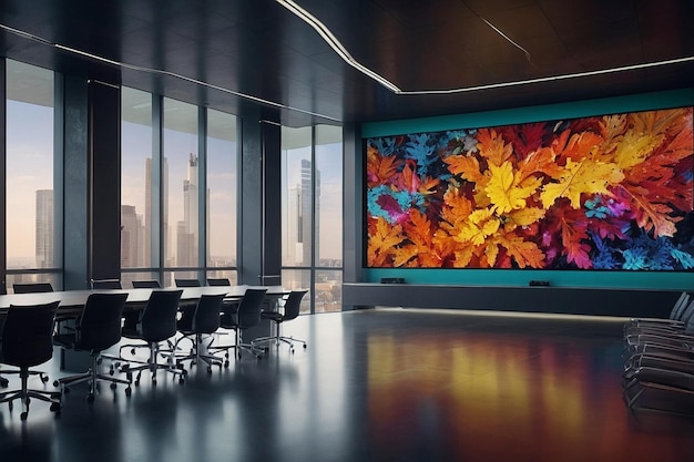 Photo conference room with large interactive display screen