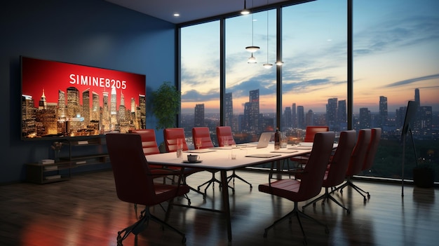 A conference room with a large round table with a large screen that says'security'on it