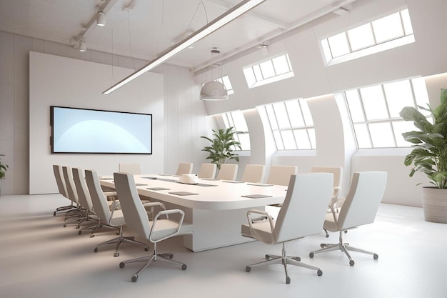 a conference room with a large screen that says " conference ".