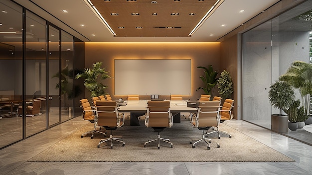 a conference room with a large screen that says quot conference quot