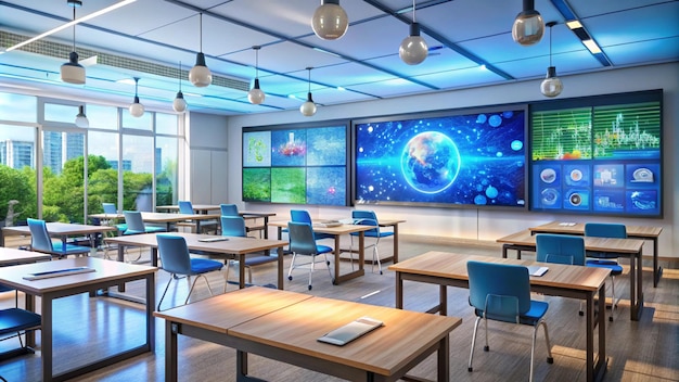 Photo a conference room with a large screen that says earth and the world on it