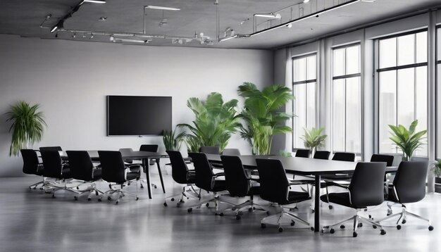 a conference room with a large screen that says  no one is sitting in it