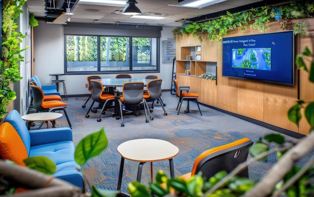 a conference room with a large screen that says  welcome to the university of oregon