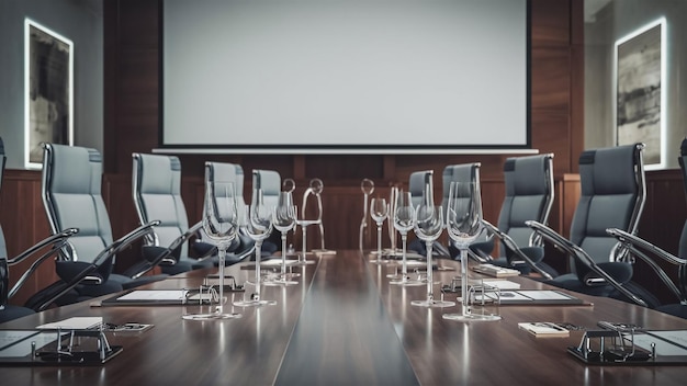 a conference room with a large screen that says  wine  on the top