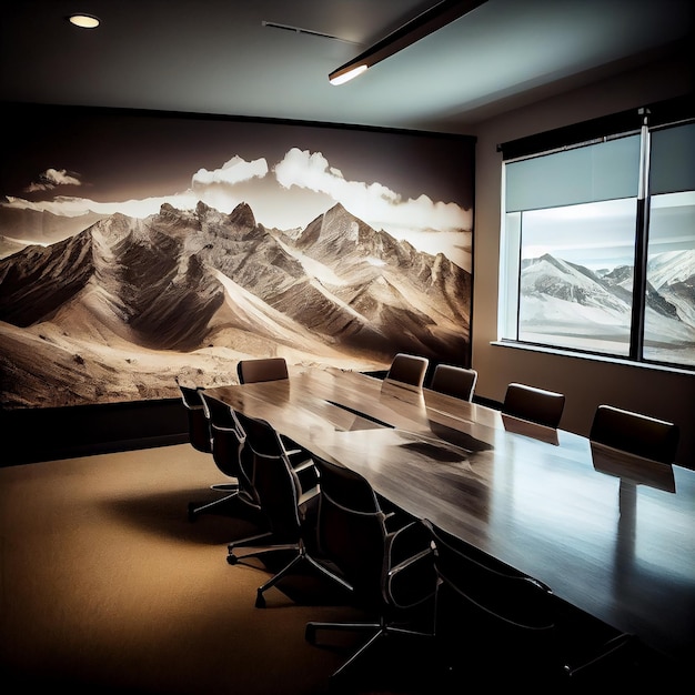 Conference room with a large table and chairs generative ai