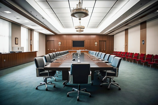 A conference room with a large table and chairs and a large tv