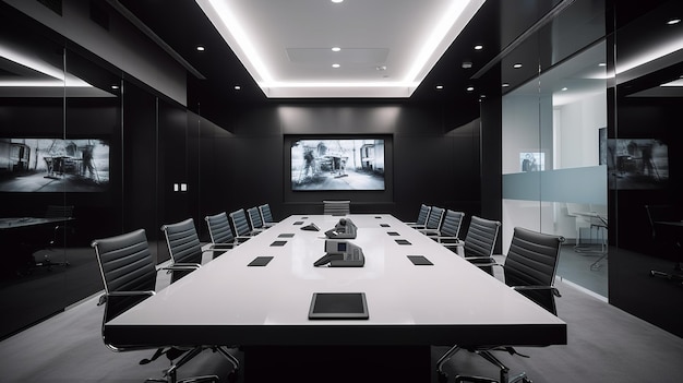 A conference room with a large table and chairs and a large white board with the word'boss'on it.