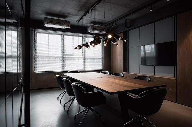 A conference room with a large table and chairs and a large window that says'the word'on it '