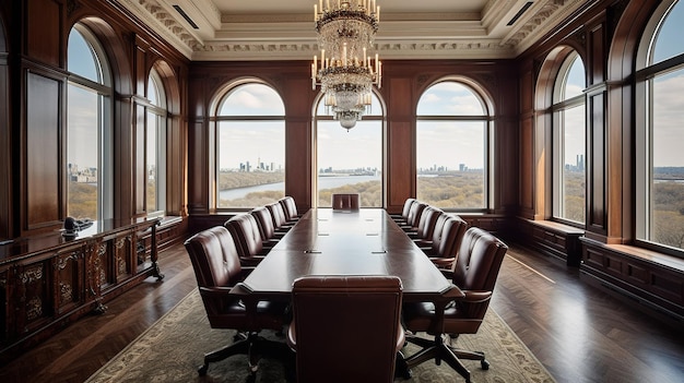 A conference room with a large table and chairs and a large window with a view of the city.