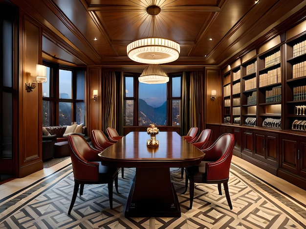 A conference room with a large table and chairs and a large window with a view of the mountains.