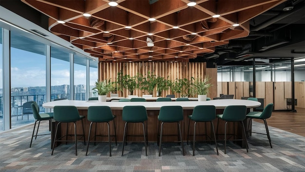 a conference room with a large table and chairs with a large window overlooking a city