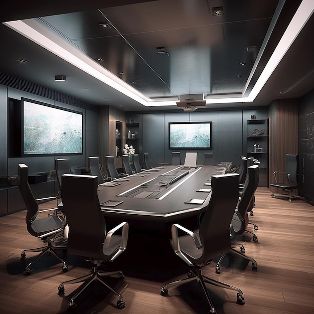 A conference room with a large table and chairs