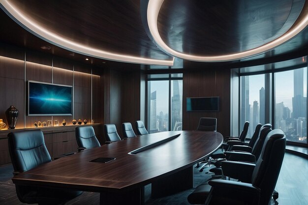 Conference room with a large table and futuristic ligh