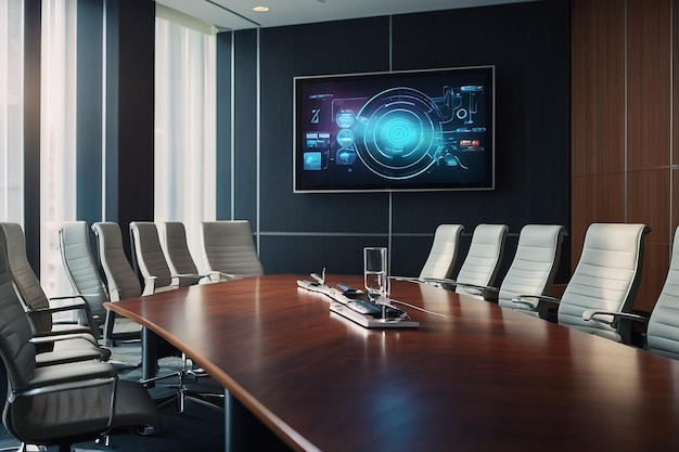 Conference room with a large table and hightech gadget