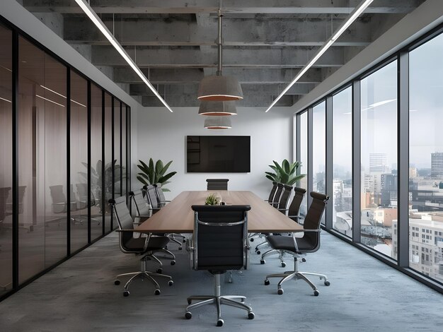 a conference room with a large window and a large screen above it