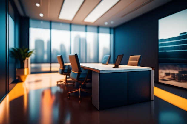 A conference room with a large window and a table with chairs and a tv on it.