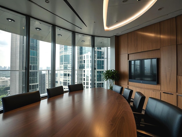 A conference room with a large window that has a view of city