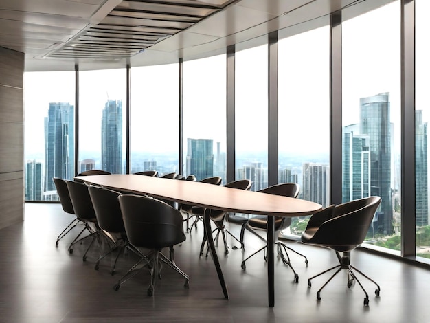 A conference room with a large window that has a view of city