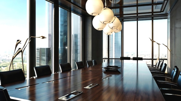 A conference room with a large window that has a view of city