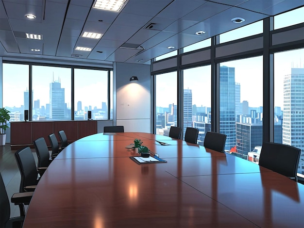 A conference room with a large window that has a view of city