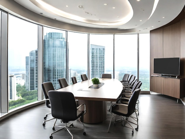 A conference room with a large window that has a view of city