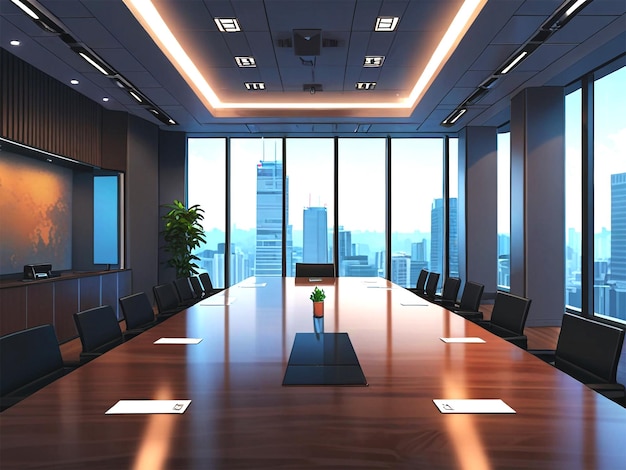 A conference room with a large window that has a view of city