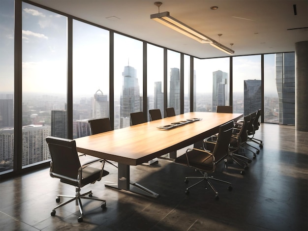 A conference room with a large window that has a view of city