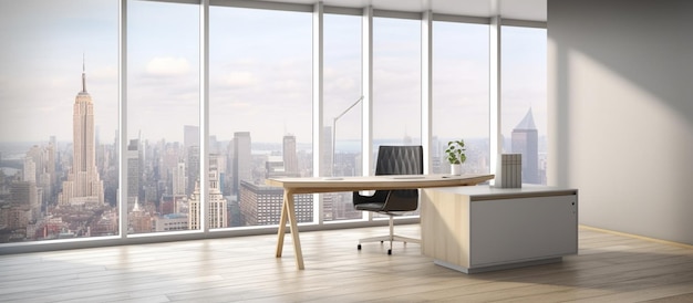 A conference room with a large window that says'the word " on it.