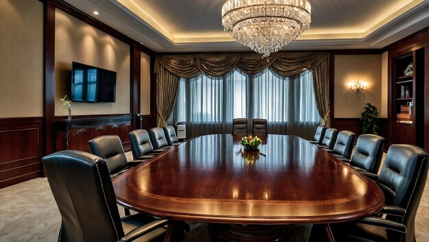 a conference room with a large wooden conference table with chairs and a chandelier hanging from the ceiling