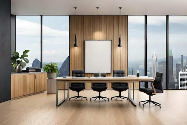 A conference room with a large wooden wall and a large window that says'the word " on it.