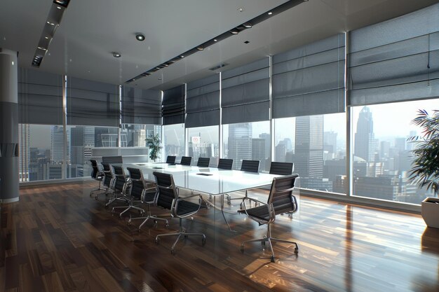 Conference room with long table chairs lots of windows