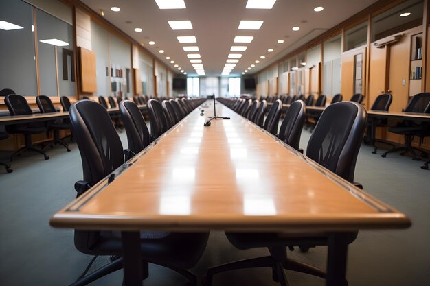 A conference room with a long table and chairs