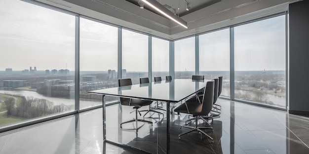 Conference room with meeting table many seats reflective floor window with city view Generative AI AIG18