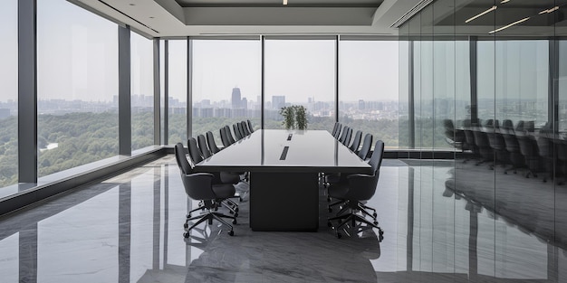 Conference room with meeting table reflective floor window with city view Generative AI AIG18