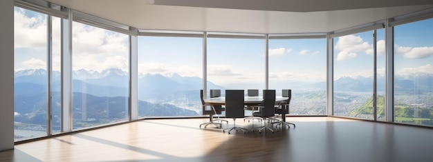 Conference room with meeting table reflective floor window with mountain and lake view Generative AI AIG18