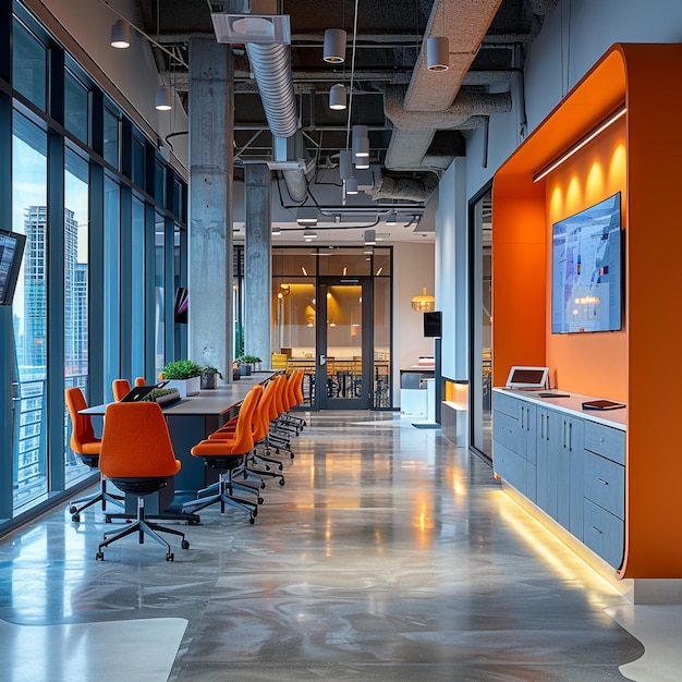 a conference room with orange walls and a flat screen