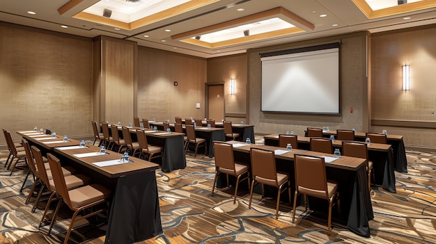 A conference room with a projector screen and chairs set up in rows The room is