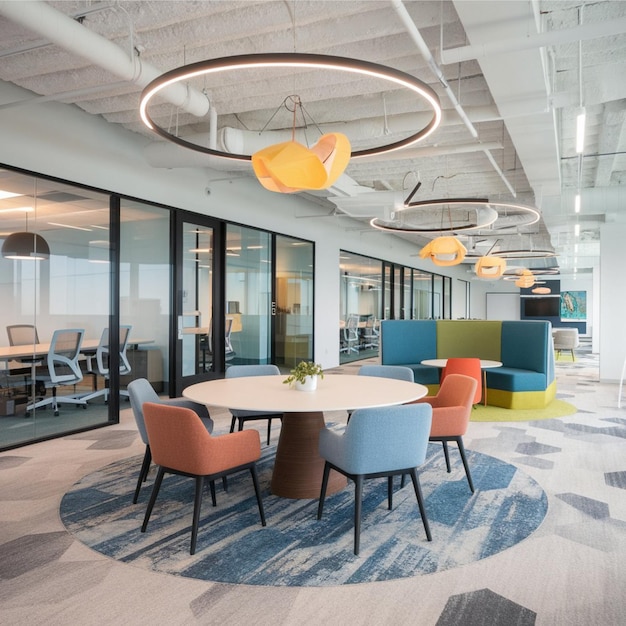 A conference room with a round table and chairs with a round table with a yellow fish on it