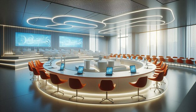 a conference room with a round table and chairs with the words  the company  on the top