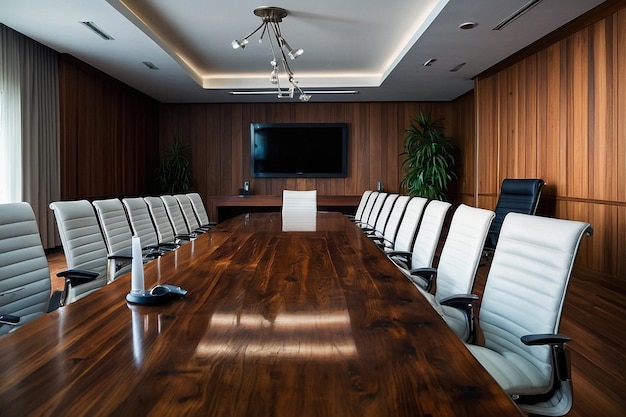 Conference room with rustic wooden table modern chairs