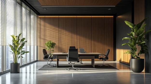 a conference room with a table and chairs and a laptop on the table