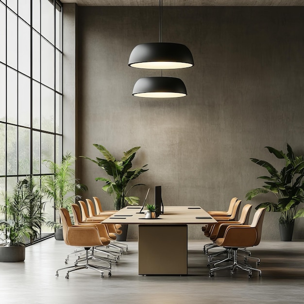 a conference room with a table and chairs and a wall with a light hanging from the ceiling