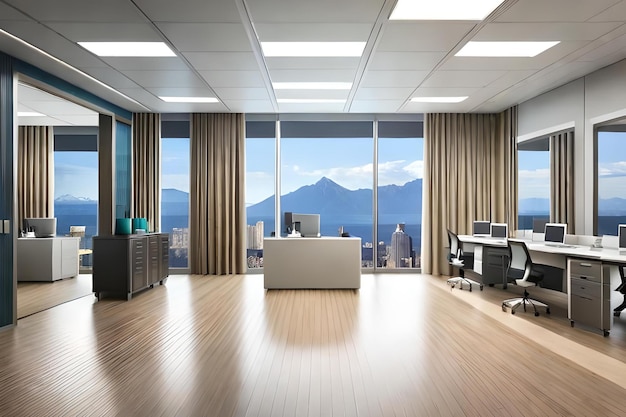 A conference room with a view of the mountains in the distance.