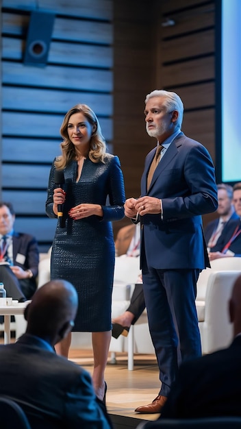 Conference woman and speaker on stage for talk speech or discussion with workshop host