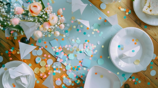 Photo confetti and envelopes on a topview party table setup ai generative