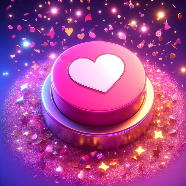 Photo confetti falling around 3d pink heart smiley like button